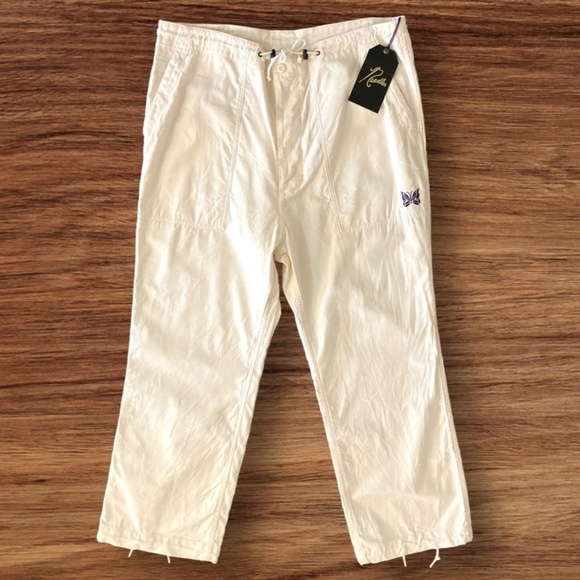 NEEDLES Wide Leg Fatigue Pants Drawstring Cotton Canvas Ivory Japan - Picture 6 of 13